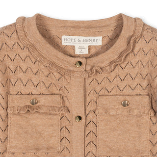 GIRLS Camel Heather Organic Ruffle Trim Pointelle Cardigan