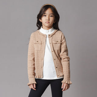 GIRLS Camel Heather Organic Ruffle Trim Pointelle Cardigan