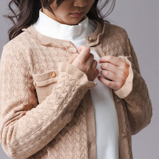 GIRLS Camel Heather Organic Ruffle Trim Pointelle Cardigan