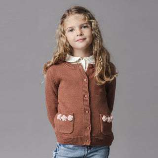 GIRLS Cinnamon Heather Organic Rosette Pocket Cardigan