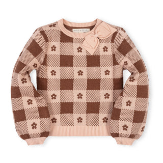 GIRLS Cinnamon Heather Intarsia Organic Bow Detail Intarsia Sweater