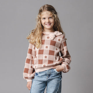 GIRLS Cinnamon Heather Intarsia Organic Bow Detail Intarsia Sweater