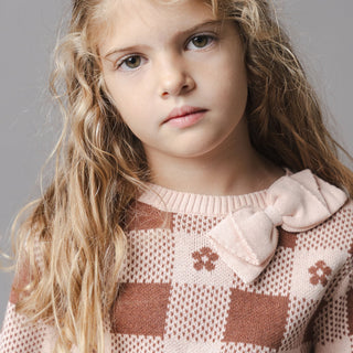 GIRLS Cinnamon Heather Intarsia Organic Bow Detail Intarsia Sweater