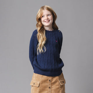 GIRLS Navy Cable Organic Crew Neck Cable Sweater
