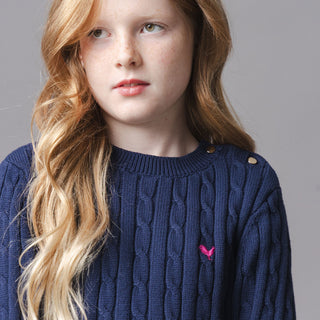 GIRLS Navy Cable Organic Crew Neck Cable Sweater