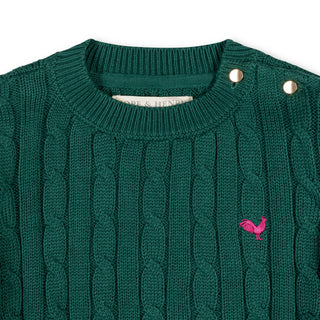 GIRLS Green Cable Organic Crew Neck Cable Sweater