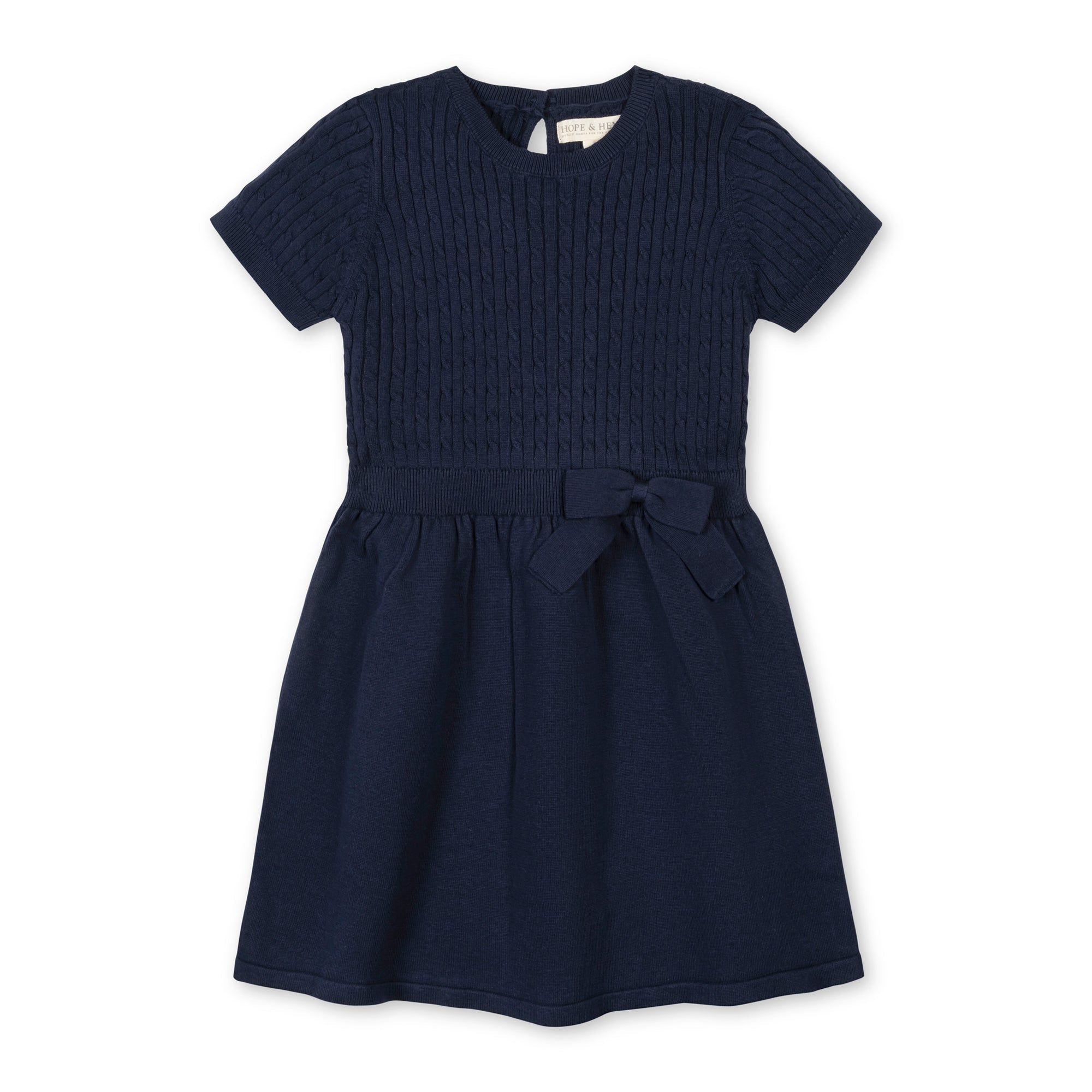 Hope & Henry Girls' Organic Short Sleeve Cable Sweater Dress, Navy Cable, 12