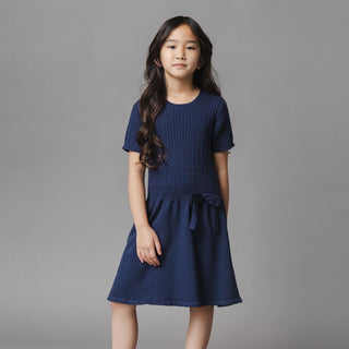 GIRLS Navy Cable Organic Short Sleeve Cable Sweater Dress