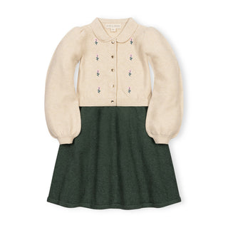 GIRLS Ivory and Dark Green Heather Organic Button Front Collared Sweater Dress