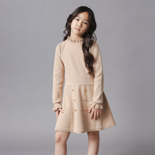 GIRLS Camel Heather Organic Ruffle Edge Sweater Dress