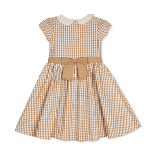 GIRLS Tan Gingham Organic Stretch Poplin Peter Pan Collar Dress