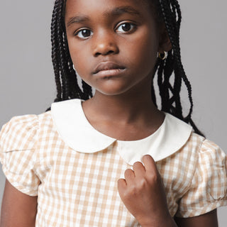 GIRLS Tan Gingham Organic Stretch Poplin Peter Pan Collar Dress