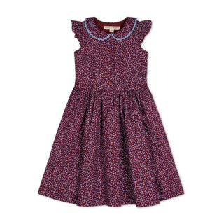 GIRLS Wine Ditsy Floral Linen Dress with Peter Pan Collar