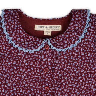 GIRLS Wine Ditsy Floral Linen Dress with Peter Pan Collar