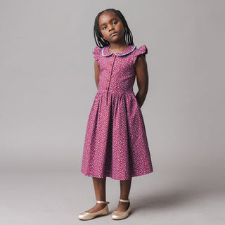 GIRLS Wine Ditsy Floral Linen Dress with Peter Pan Collar