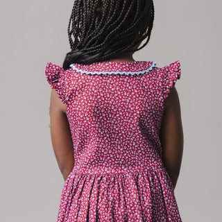 GIRLS Wine Ditsy Floral Linen Dress with Peter Pan Collar
