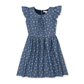 GIRLS Chambray Floral Organic Ruffle Sleeve Chambray Dress