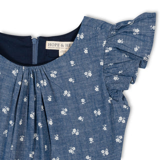 GIRLS Chambray Floral Organic Ruffle Sleeve Chambray Dress