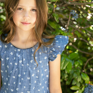 GIRLS Chambray Floral Organic Ruffle Sleeve Chambray Dress
