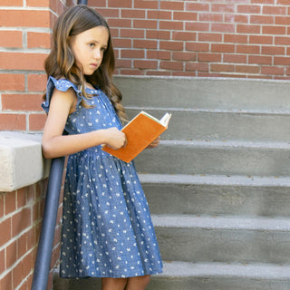 GIRLS Chambray Floral Organic Ruffle Sleeve Chambray Dress