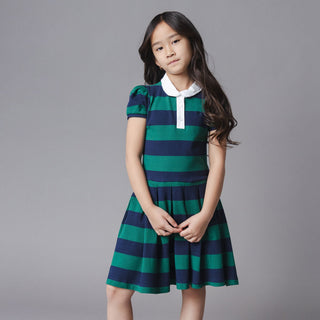 GIRLS Navy and Green Rugby Organic Pique Polo Dress
