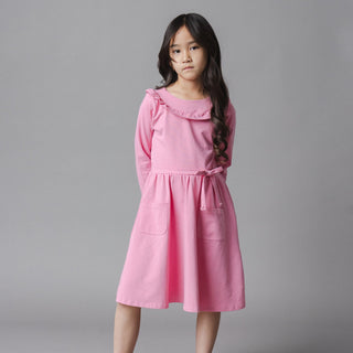 GIRLS Rose Pink Organic Ruffle Neck Knit Dress