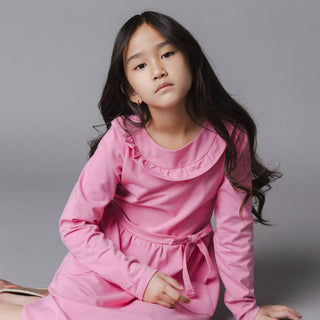 GIRLS Rose Pink Organic Ruffle Neck Knit Dress