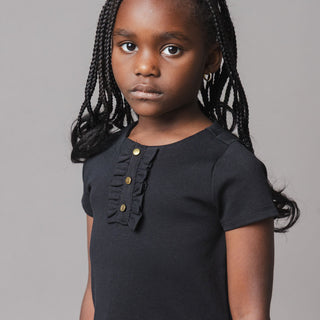 GIRLS Black Ponte A-Line Ruffle Placket Dress