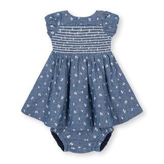 LAYETTE Chambray Floral Organic Chambray Smocked Puff Sleeve Dress