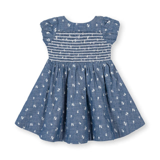 LAYETTE Chambray Floral Organic Chambray Smocked Puff Sleeve Dress