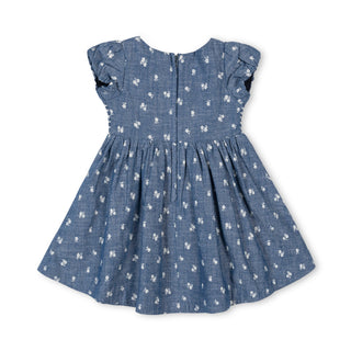 LAYETTE Chambray Floral Organic Chambray Smocked Puff Sleeve Dress