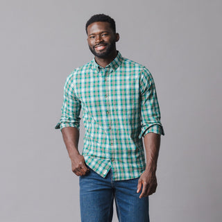 MENS Green Classic Plaid Organic Stretch Poplin Shirt