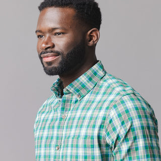 MENS Green Classic Plaid Organic Stretch Poplin Shirt