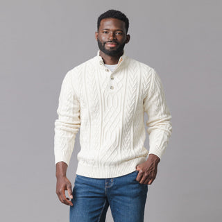 MENS Ivory Twist Cable Organic Mock Neck Cable Sweater