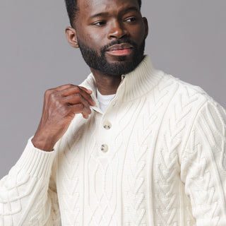 MENS Ivory Twist Cable Organic Mock Neck Cable Sweater