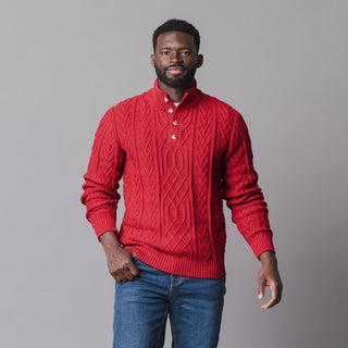 MENS Red Twist Cable Organic Mock Neck Cable Sweater