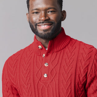MENS Red Twist Cable Organic Mock Neck Cable Sweater