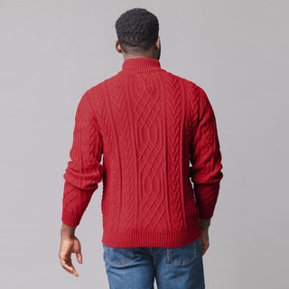 MENS Red Twist Cable Organic Mock Neck Cable Sweater