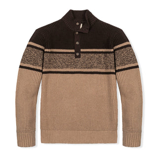 MENS Camel and Chocolate Stripe Organic Mock Neck Waffle Sweater