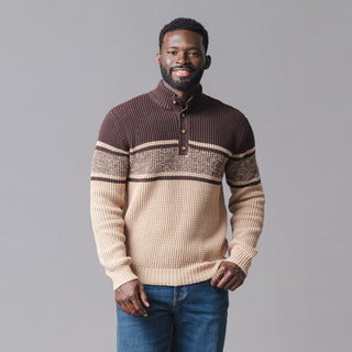 MENS Camel and Chocolate Stripe Organic Mock Neck Waffle Sweater