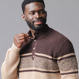 MENS Camel and Chocolate Stripe Organic Mock Neck Waffle Sweater