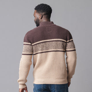 MENS Camel and Chocolate Stripe Organic Mock Neck Waffle Sweater