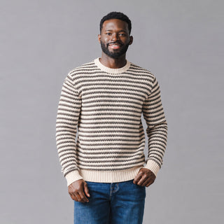 MENS Chocolate and Tan Stripe Organic Crew Neck Sweater