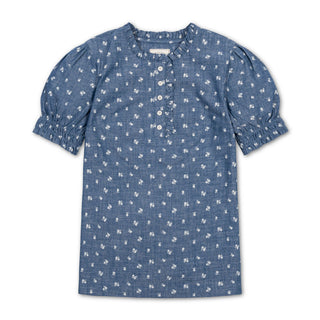 WOMENS Chambray Floral Organic Chambray Puff Sleeve Top