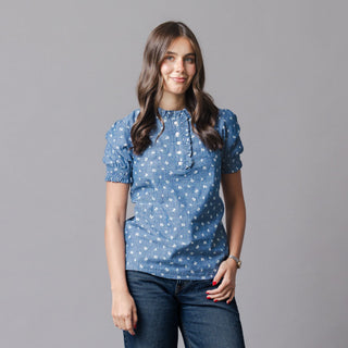 WOMENS Chambray Floral Organic Chambray Puff Sleeve Top