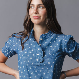 WOMENS Chambray Floral Organic Chambray Puff Sleeve Top