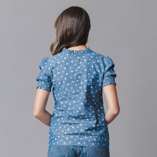 WOMENS Chambray Floral Organic Chambray Puff Sleeve Top