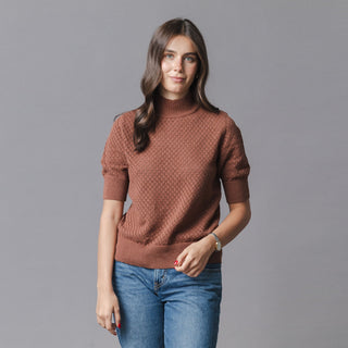 WOMENS Cinnamon Pointelle Organic Diamond Stitch Mock Neck Sweater