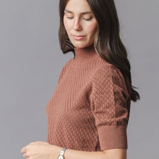 WOMENS Cinnamon Pointelle Organic Diamond Stitch Mock Neck Sweater