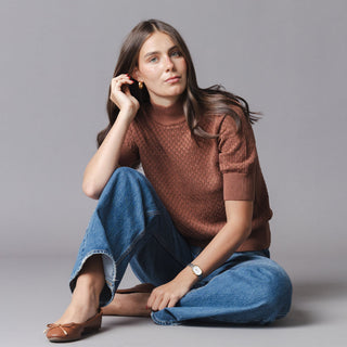 WOMENS Cinnamon Pointelle Organic Diamond Stitch Mock Neck Sweater